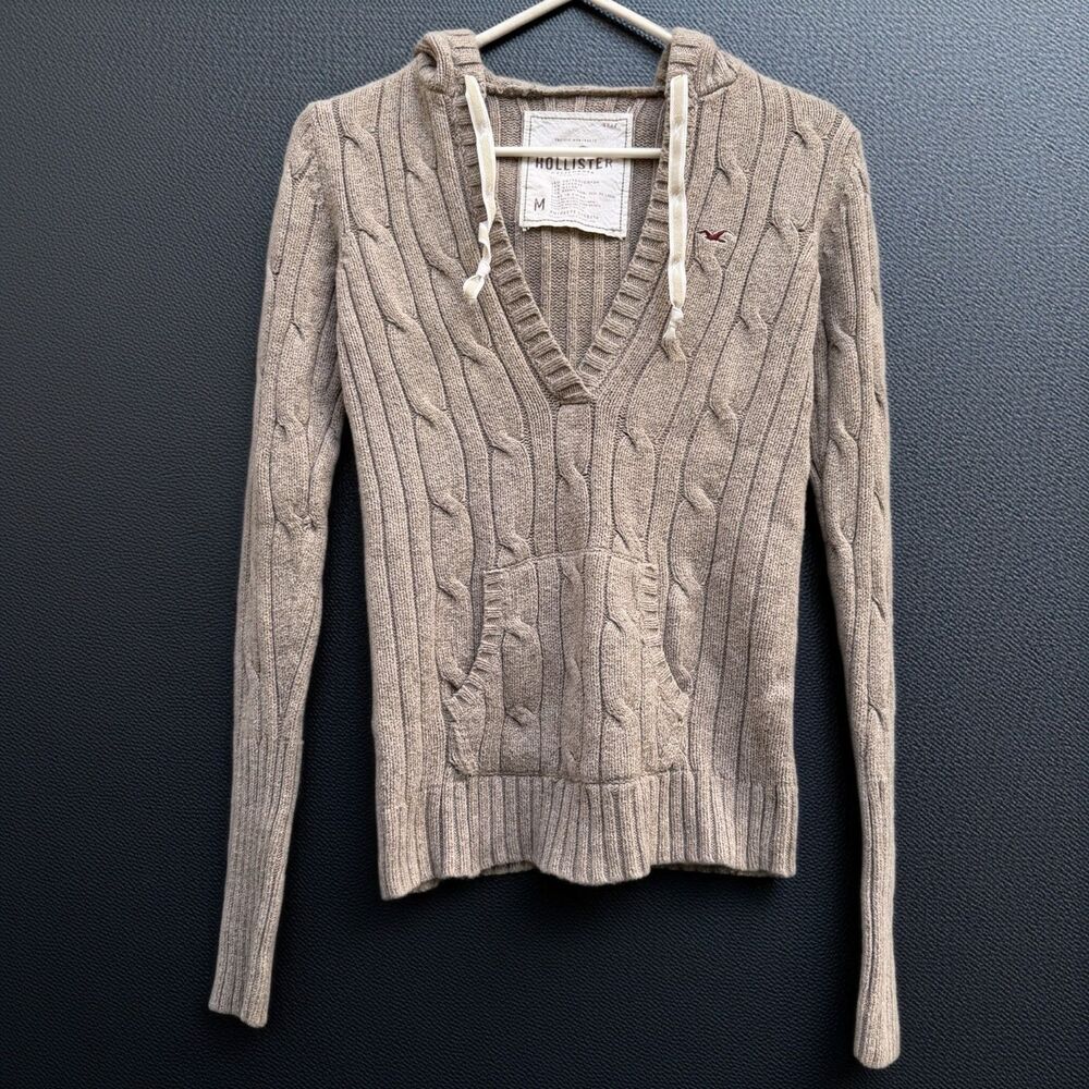 Hollister M Cable Knit Hoodie Womens Brown Cotton Blend Y2K Twilight Coquette